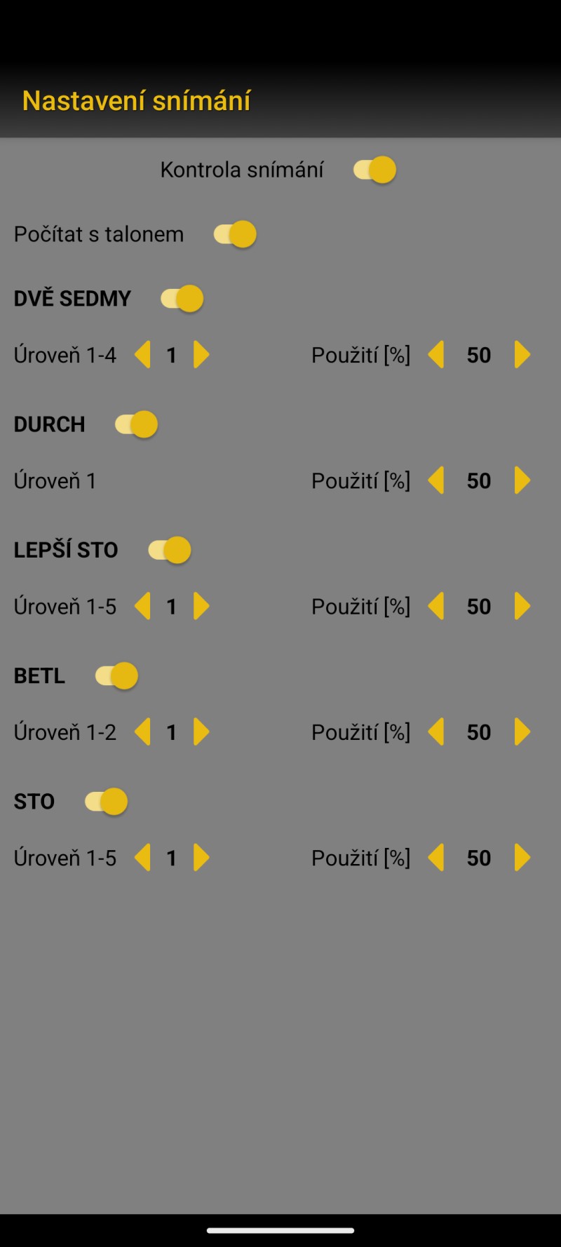 Nastavení snímání – úroveň 1